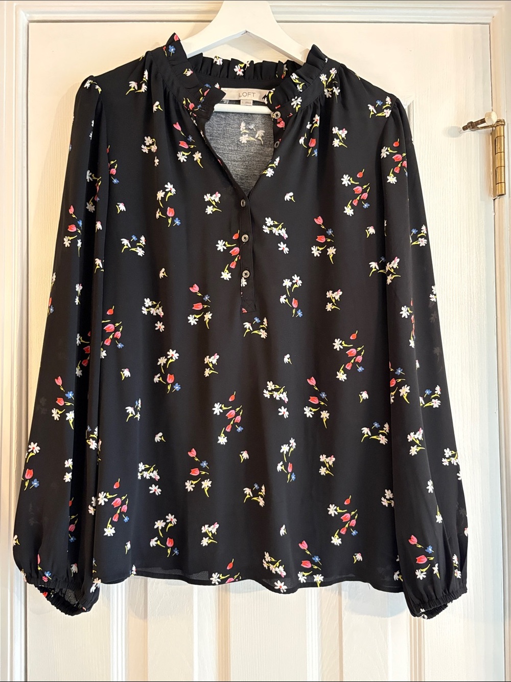 LOFT Black Floral Ruffle-Neck Long-Sleeve Blouse with Multicolor Accents